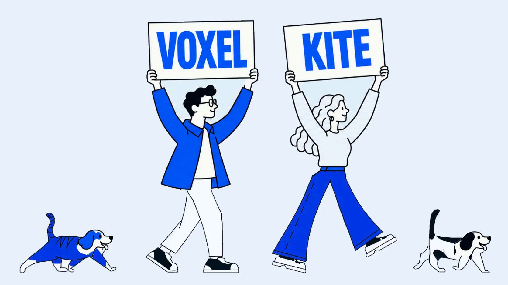 Two illustrated creatives with dogs, each holding a VOXEL or KITE sign overhead with both hands