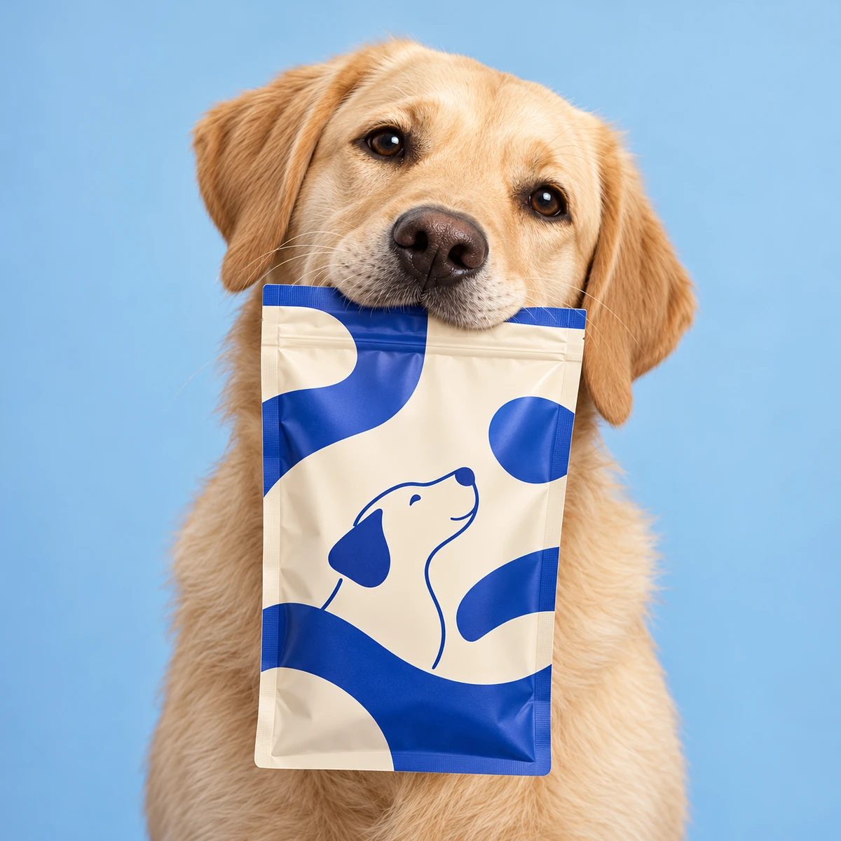 Golden dog holding an unbranded blue and cream pouch