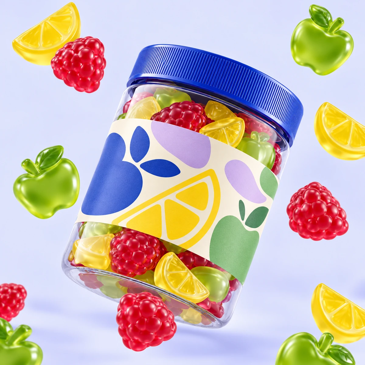 Unbranded fruit gummy jar with blue lid and floating fruit sweets