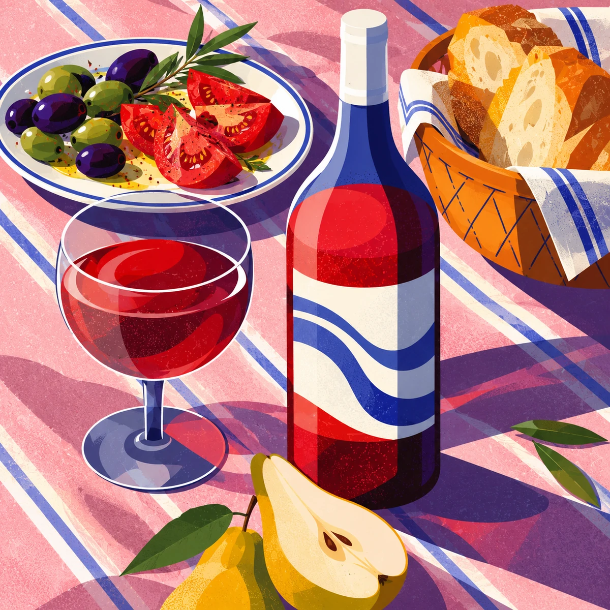 Unbranded wine and Mediterranean tabletop illustration